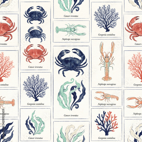 Vintage style seamless pattern featuring hand drawn watercolor marine life illustrations of crabs lobsters and coral reefs on a textured paper background for nautical home decor design