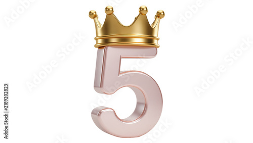Rose gold number 5 with golden crown, isolated on transparent background