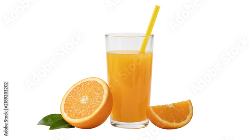 Tall glass of orange juice with yellow straw half orange and slice, isolated on transparent background