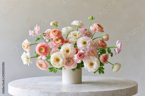 Obraz na płótnie Blush ranunculus flower bouquet on pale stone table