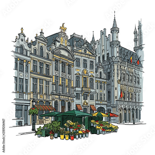 European Cityscape Flower Market Sketch Art