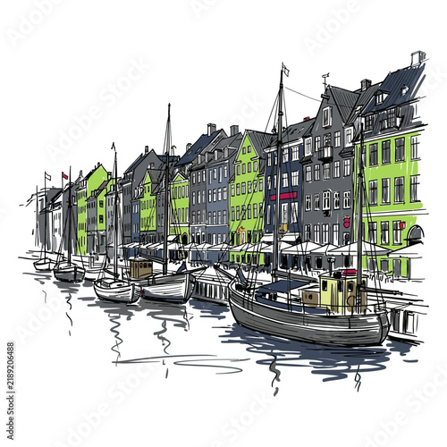 European harbor sketch with colorful buildings and boats