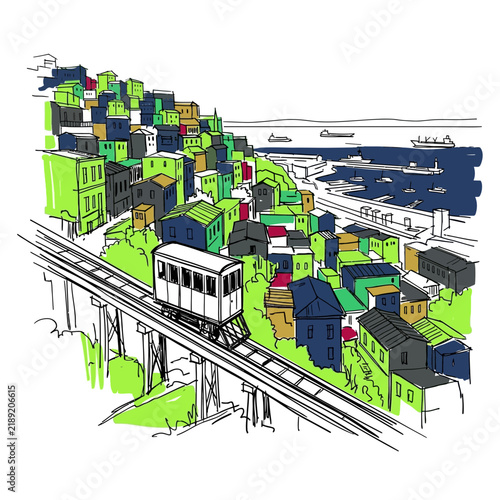 Funicular tram climbing colorful hillside city near harbor with ships