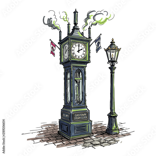 Gastown Steam Clock and Lamp Post Illustration