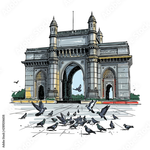 Gateway of India monument with pigeons flocking in foreground, illustration