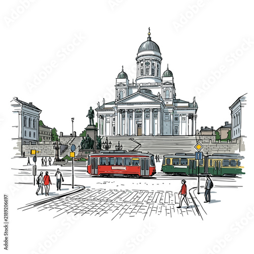 Helsinki Cathedral, tram, city street scene, illustration
