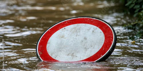 A traffic sign submerged in floodwater, symbolizing disruption and environmental challenges