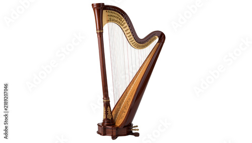 Obraz na plátne Ornate dark wood concert harp with gold detailing, isolated on transparent backg