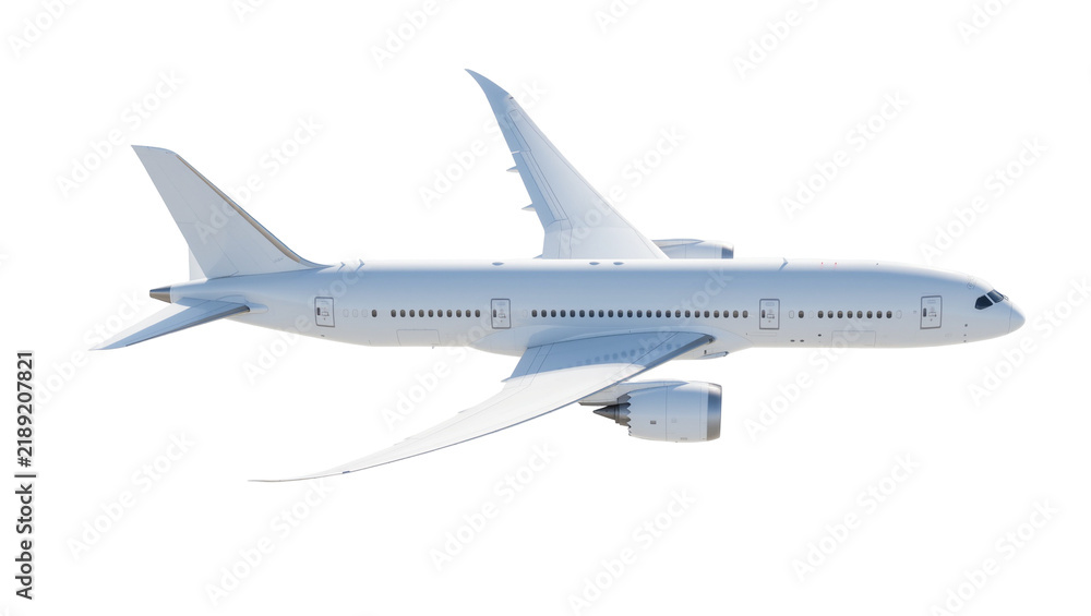Fototapeta premium Modern white passenger jet airplane with swept wings, isolated on transparent background
