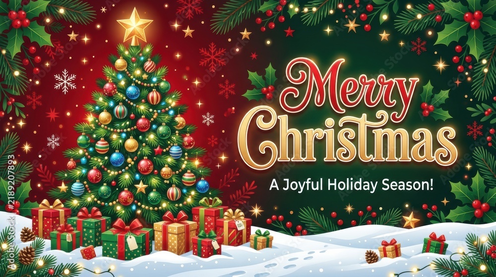 Obraz premium Merry Christmas and a Joyful Holiday Season with decorated tree and gifts
