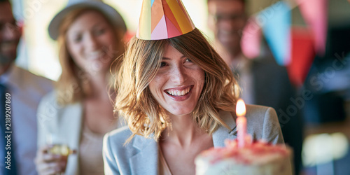 A smiling woman wearing a party hat, celebrating her birthday with a cake and a candle, surrounded by friends and colleagues