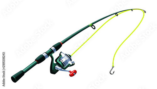 Dark green fishing rod with silver reel and bright yellow line, isolated on transparent background