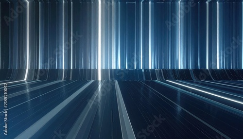 Glowing vertical lines project onto a glossy, flat plane, reflecting light upward in an abstract futuristic scene