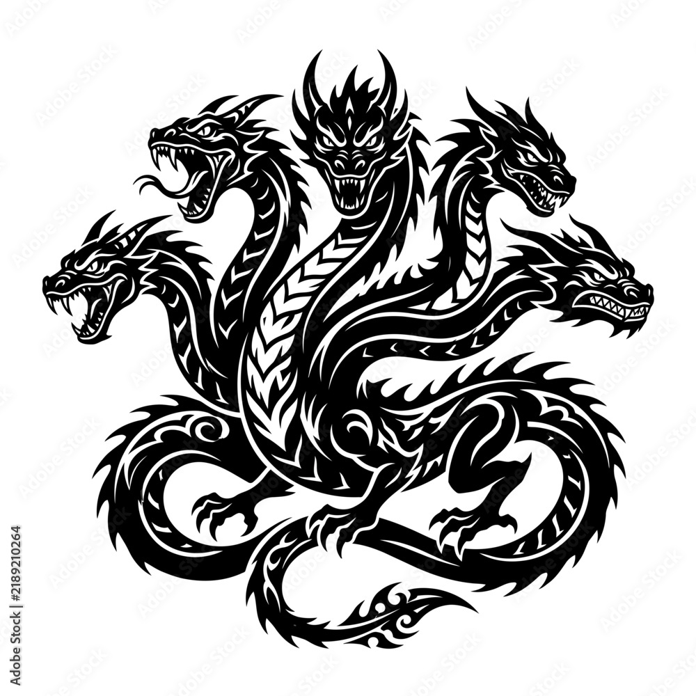 Fototapeta premium Mythical Hydra Dragon Tattoo Design, Black Silhouette