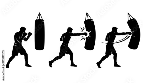 Fotografie Dynamic boxing training silhouette vector set showing powerful punches heavy bag