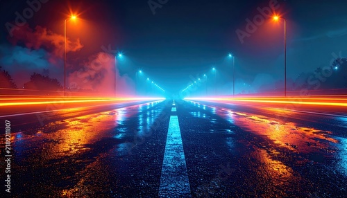 Wet asphalt highway at night, illuminated by alternating warm and cool lights, with blurred motion trails