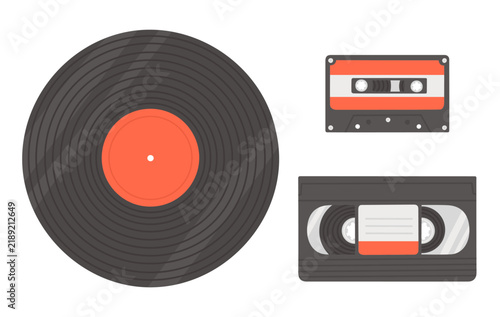 Vinyl disk, cassette tape, VHS. Vector set of data carrier devices. Design elements