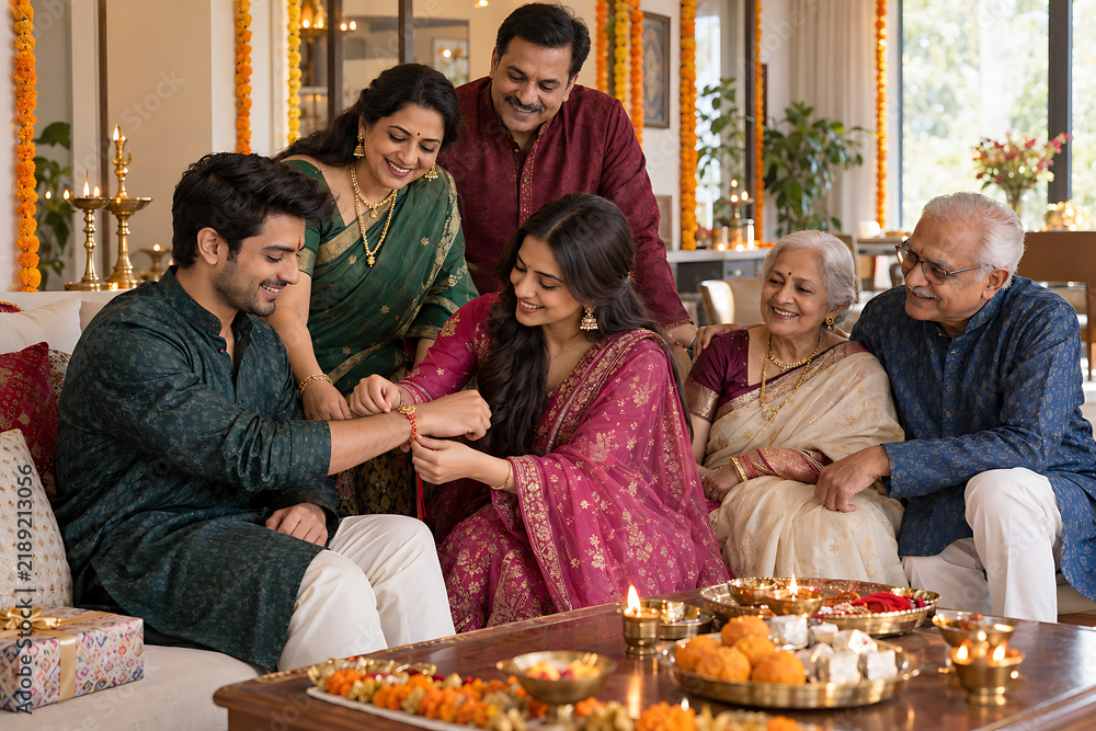 Fototapeta premium Joyful Multigenerational Indian Family Celebrating Raksha Bandhan with Sister Tying Rakhi on Her Brother’s Wrist at Home
