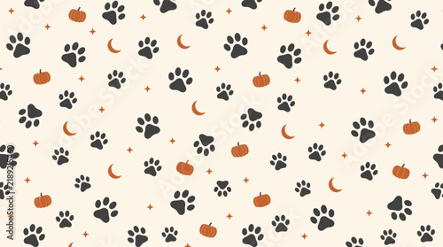 Seamless Halloween pattern with pet paw prints pumpkins and crescent moons on cream background