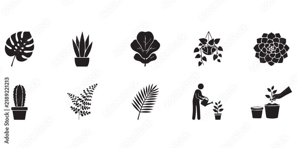 Fototapeta premium Set of black silhouette houseplant icons featuring tropical leaves succulents and gardening activities. A collection of minimalist vector icons depicting various indoor plants and gardening tasks 
