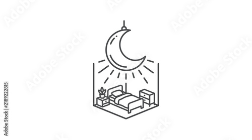 Minimalist isometric bedroom line drawing under crescent moon