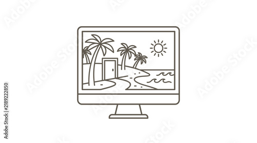 Minimalist line art desktop monitor showing tropical beach scene