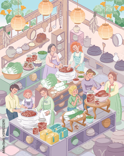 Kimjang Korean Kimchi Making Culture with Diverse People Pastel Vector Illustration