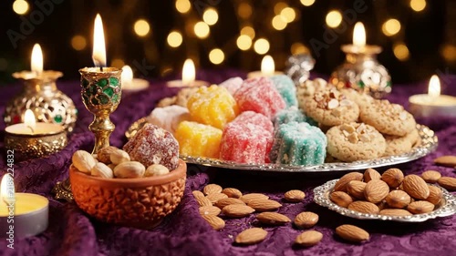 Diwali sweets and treats displayed against a colorful festive background, Diwali, background Generative AI