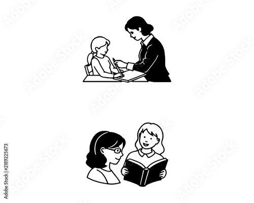 Obraz na plátně Teacher assisting student with writing black and white illustration