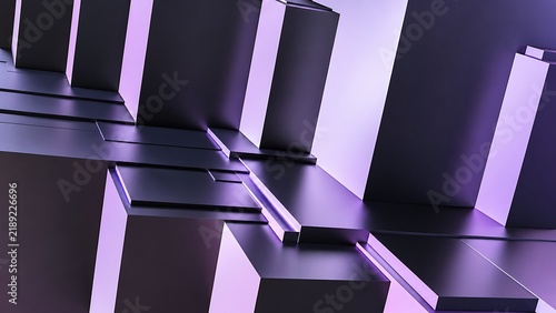 Abstract 3D geometric black blocks background with purple neon light lines and future architecture rendering