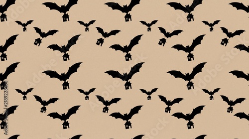 Halloween seamless pattern with flying bat silhouettes carrying small houses