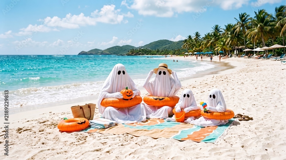 Obraz premium A playful ghost family dressed for Halloween is relaxing on a sunny beach. Concept Halloween fun, family bonding, unique holiday celebration, spooky and humorous themes. Generative AI.