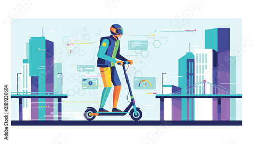 Man riding an electric scooter through a modern city landscape with digital data overlays for urban transportation and technology concepts.
