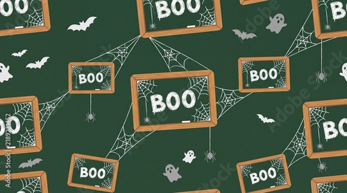 Seamless Halloween Pattern with Spooky BOO Chalkboards Spiderwebs and Ghosts