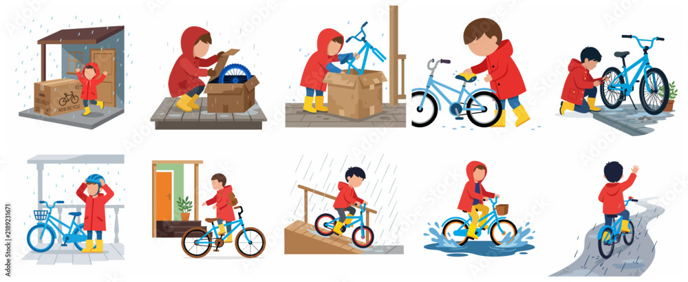 Fototapeta premium Child Receiving and Learning to Ride New Bicycle in Rainy Weather Illustration Set