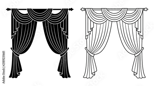 Foto Elegant draped curtains black and white line art illustration