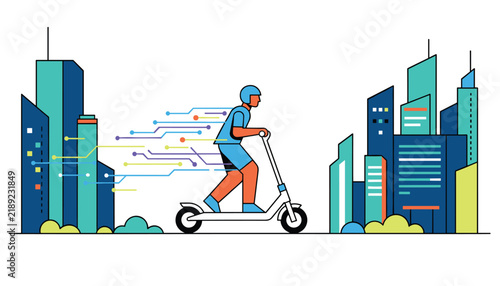 Person riding an electric scooter through a modern city with digital network trails representing speed and urban transport concepts.