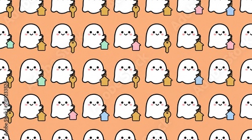Cute Halloween ghosts holding house keys seamless pattern background