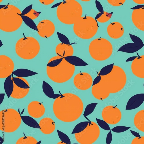 Seamless pattern with cute orange fruits and dark blue leaves on a light teal background