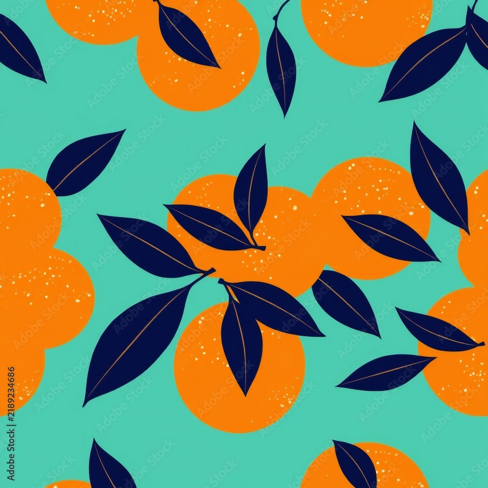 Seamless pattern with bright orange citrus fruits and dark blue leaves on a vibrant turquoise background