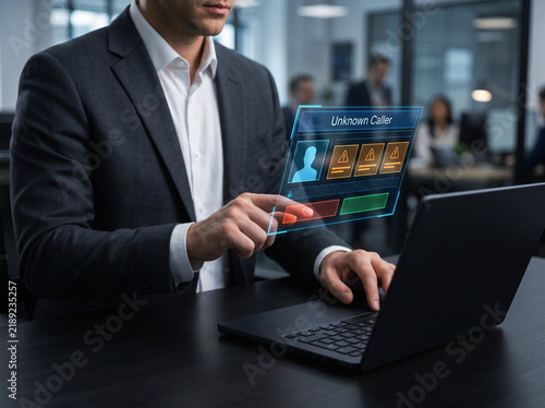 Professional employee working at desk using augmented reality display showing unknown caller incoming notification with alert icons in modern workspace.