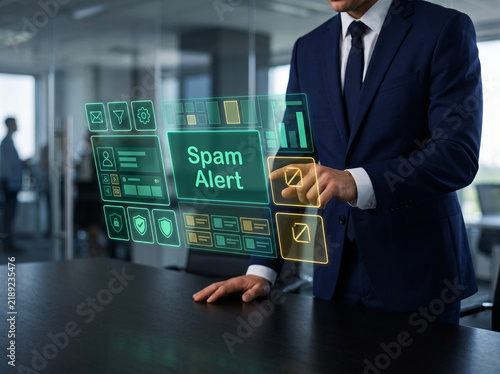 Spam alert message on green holographic dashboard touched by corporate employee in office for email security and cyber protection management systems.