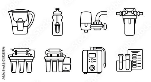 Water Filter Icons Set, Purification System Vector Graphics, Clean Drinking Water Equipment Collection