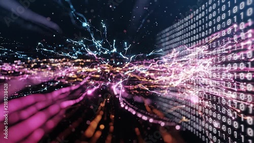 Abstract big data visualization with colorful data streams, binary code, analytics, machine learning, data processing, and digital network technology background.