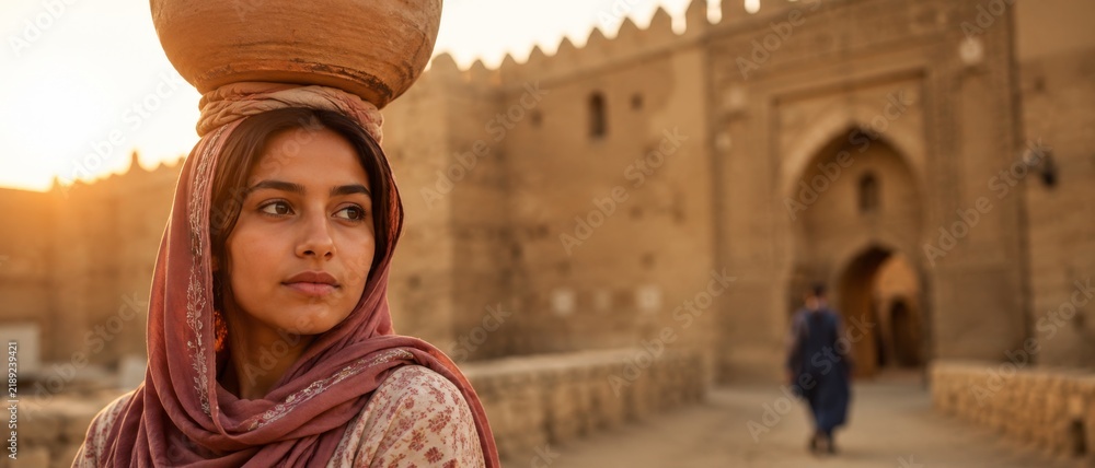 © xuxu - Young woman carrying water jar on head through ancient middle eastern banner format