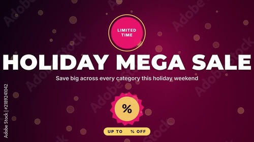 Holiday Mega Sale motion graphic, limited time discount banner with bokeh particles, festive retail promotion video for seasonal shopping events