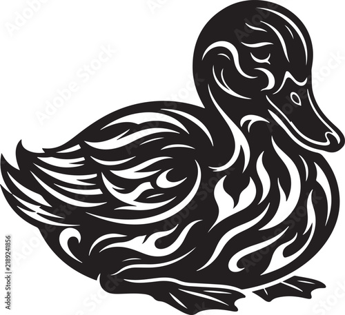 Cute duckling vector illustration with stylized tribal patterns and ornamental black silhouette isolated on white background