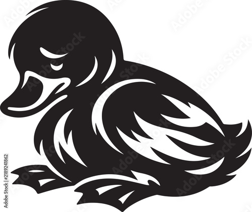 Sad Little Duckling Vector Illustration - Black and White Duck Silhouette Line Art