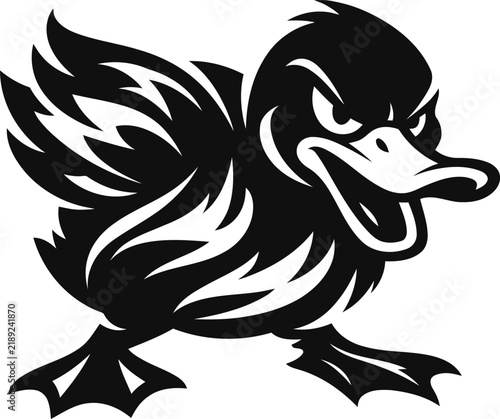 Fierce black and white duck mascot silhouette in tribal art style