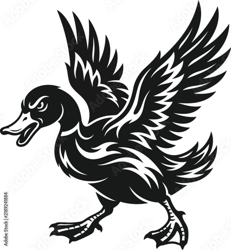 Angry Flying Duck Mascot Vector Illustration - Black and White Wild Mallard Line Art